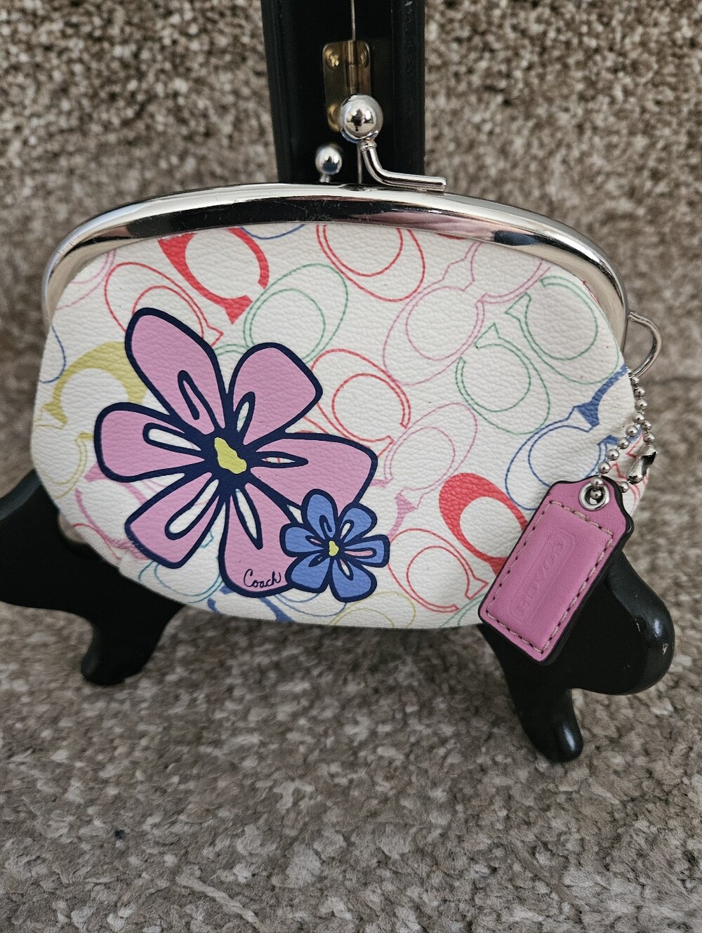 Coach Pink/Multi Signature Flower Coated Canvas Kisslock Coin Purse--Y2k